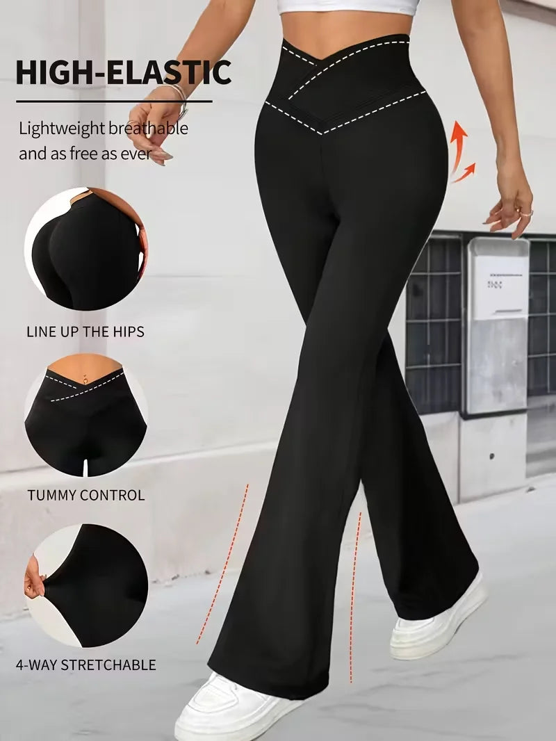 Black high-waisted flared leggings.